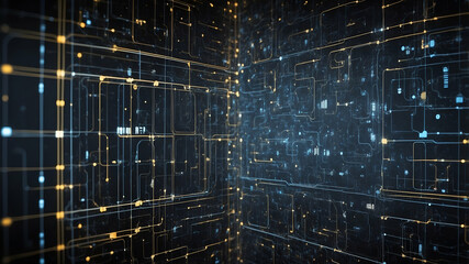 Abstract data network background with blue and yellow lines, symbolizing cyberspace and innovation