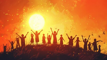 Silhouette of Stick Characters Celebrating and Cheering