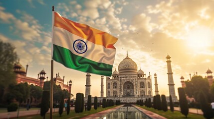 The Indian flag waving with the Taj Mahal in the background.