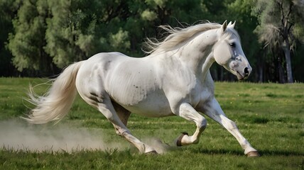 In the expansive green pasture, a magnificent white stallion gallops freely, its mane flowing like a banner of freedom in the wind.