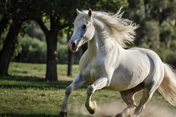 Obraz premium In the expansive green pasture, a magnificent white stallion gallops freely, its mane flowing like a banner of freedom in the wind.