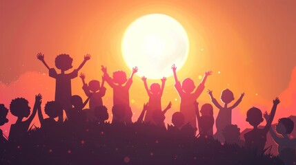 Silhouette of Stick Characters Celebrating and Cheering