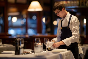 Professional Photography of a server setting a table. Capture the attention to detail, Generative AI