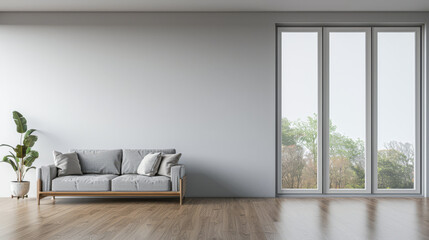 Fototapeta premium Contemporary living room interiors in neutral colors with minimal furniture and framed window. Luxurious residential realty composition.