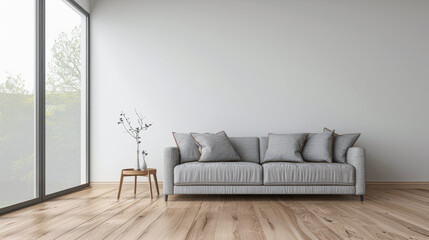 Contemporary living room interiors in neutral colors with minimal furniture and framed window. Luxurious residential realty composition.