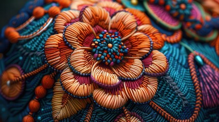 Close-up of intricate, colorful embroidered flower with beads and threads.