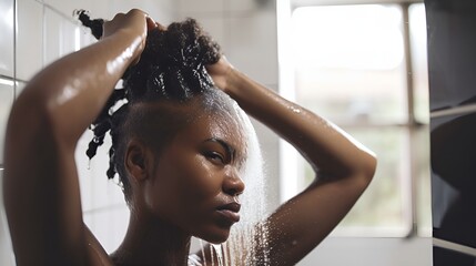 Naklejka premium African woman washing her hair in the shower