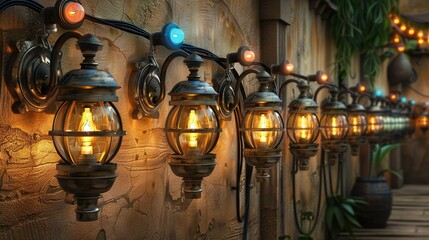   Row of hanging lights adjacent to potted plants on a wall