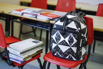 A modern backpack with geometric patterns placed on a classroom chair, with several textbooks spread out on the desk in front