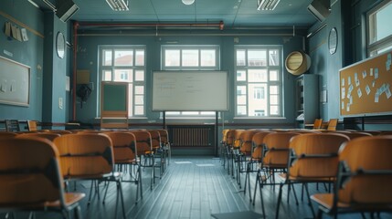 A modern classroom interior featuring rows of orange chairs facing a whiteboard with notes and a bulletin board with papers