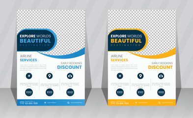 Explore world travel and tourism agency business flyer a4 vector template with layout space for photo background, summer vacation holiday trip poster or leaflet