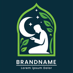 Elegant mosque logo with a serene prayer scene and natural elements