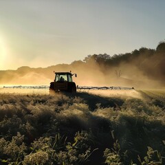 Fototapeta premium AI-Generated High-Resolution Wallpaper Depicting Autumn Harvest Season with Water Sprinklers in Action