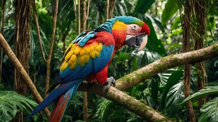 Obraz premium In the lush depths of the tropical jungle, a majestic macaw perches proudly amidst a canopy of vibrant foliage.