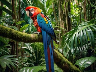 Obraz premium In the lush depths of the tropical jungle, a majestic macaw perches proudly amidst a canopy of vibrant foliage.