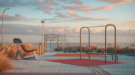 Fototapeta premium Outdoor gym featuring air walker, oval stepper, twister, and surfer, now vacant. 
