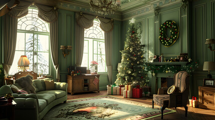 Festive Christmas interior with fir tree, gifts and garlands. AI Generated