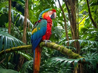 Obraz premium In the lush depths of the tropical jungle, a majestic macaw perches proudly amidst a canopy of vibrant foliage.