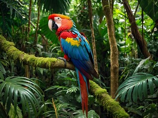 Obraz premium In the lush depths of the tropical jungle, a majestic macaw perches proudly amidst a canopy of vibrant foliage.