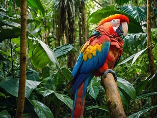 In the lush depths of the tropical jungle, a majestic macaw perches proudly amidst a canopy of vibrant foliage.