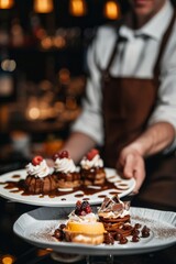 Professional Photography of a server presenting a dessert tray. Highlight the dessert options, Generative AI