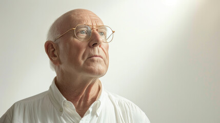 A man with glasses is looking up at the sky. He is deep in thought. Concept of contemplation and introspection