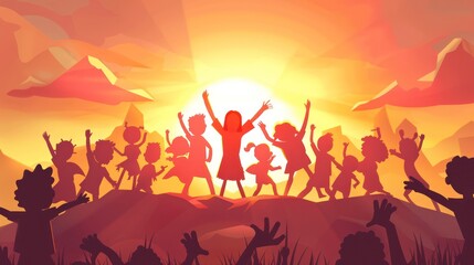 Fototapeta premium Silhouette of Stick Characters Celebrating and Cheering