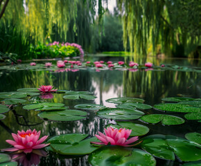 Tranquil Pond with Lilies: Calm Waters Surrounded by Nature's Grace