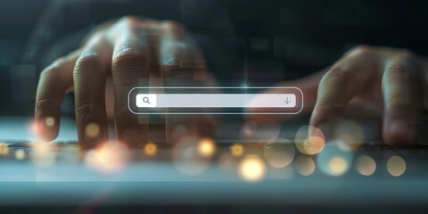 Close-up of hands typing on a keyboard with a search bar overlay. The image features vibrant lights and bokeh effects, symbolizing online search, technology, and digital communication