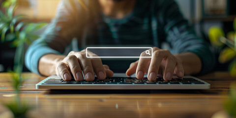 Close-up of hands typing on a keyboard with an illuminated search bar overlay. The image features vibrant lights and bokeh effects, symbolizing online search, technology, and digital communication