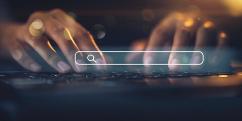 Close-up of hands typing on a keyboard with a search bar overlay. The image features vibrant bokeh lights, symbolizing online search, technology, and digital communication.