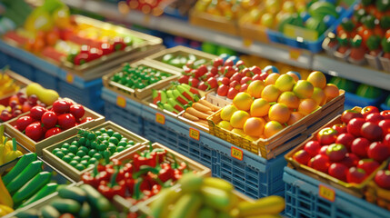 Crowded Supermarket Produce Aisle Brimming with Fresh Fruits and Vegetables