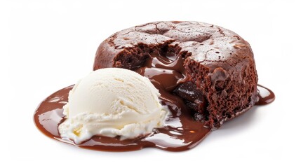 Decadent chocolate lava cake with molten center, vanilla ice cream beside it, isolated background, studio lighting, clear and high quality, ideal for advertising