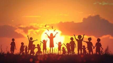 Silhouette of Stick Characters Celebrating and Cheering