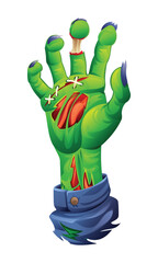 Zombie hand with stitches and a severed finger. Vector cartoon illustration