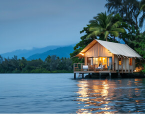 Naklejka premium Serene Island Retreat: A Petite Canvas Bungalow Under Twilight