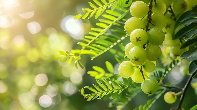 Amla fruit glistening in the sunlight amidst lush green leaves.
