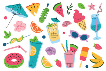 Vector illustrations of summer icons and accessories, cartoon collection with flat doodles of tropical fruits, drinks, sunglasses and umbrellas. Colorful beach set, vacation in tropical theme