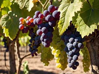 Fototapeta premium In a sun-drenched vineyard, vibrant clusters of ripe grapes hang from the vines, promising the rich flavors of summer's bounty captured in each plump fruit.