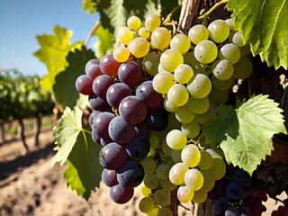 Fototapeta premium In a sun-drenched vineyard, vibrant clusters of ripe grapes hang from the vines, promising the rich flavors of summer's bounty captured in each plump fruit.