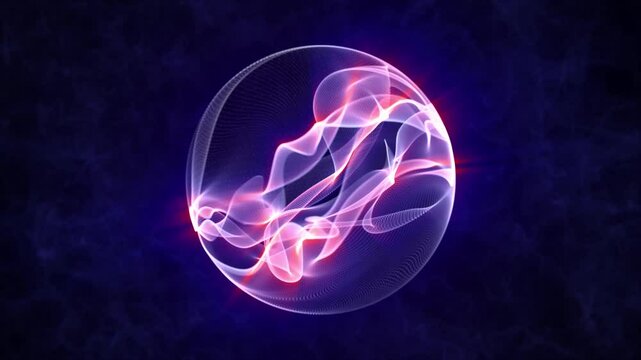 Seamless loop animation with glow plasma sphere made of soft energy waves on a cloud background. Abstract orb screensaver in atom or molecule shape for art, science and computer technologies. 4K 60fps
