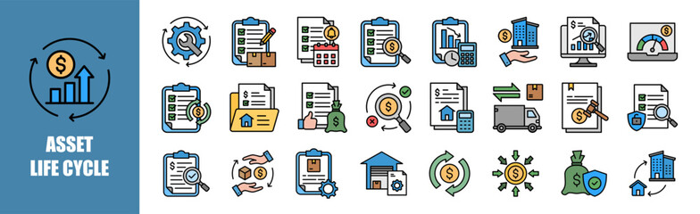 asset life cycle icon set for design elements, business, vector, management, illustration, life