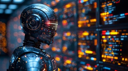 Futuristic robot analyzing data on multiple screens in a high-tech server room, showcasing advanced artificial intelligence and technology.