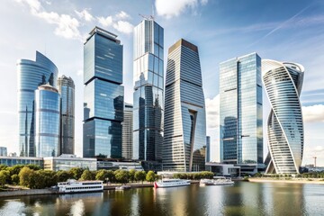 A city skyline with a large building in the middle