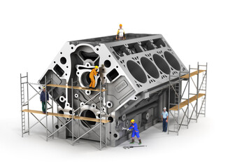 Concept of engine repair. Masters near engine block. Engine restoration.