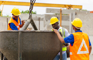 Construction workers at work, Foreman and worker team discussing at precast concrete factory site