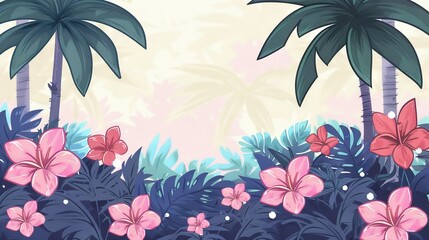A painting depicts a lush tropical landscape featuring palm trees, vibrant flowers, and graceful butterflies against a serene pastel pink and blue background