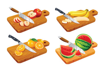 Set of various fruits on wooden cutting boards. Includes apple, banana, orange, and watermelon. Vector illustration