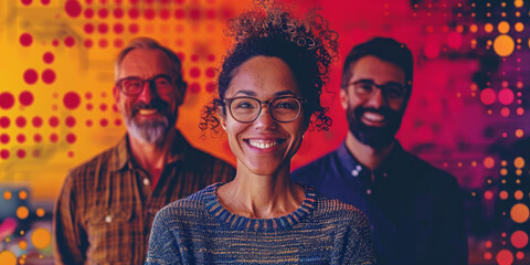 Casual meeting of smiling diverse business team analyzing financial data