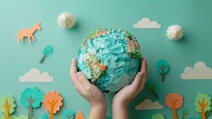 A pair of hands holding a paper mache globe with a background of paper-crafted trees and animals on a turquoise background.